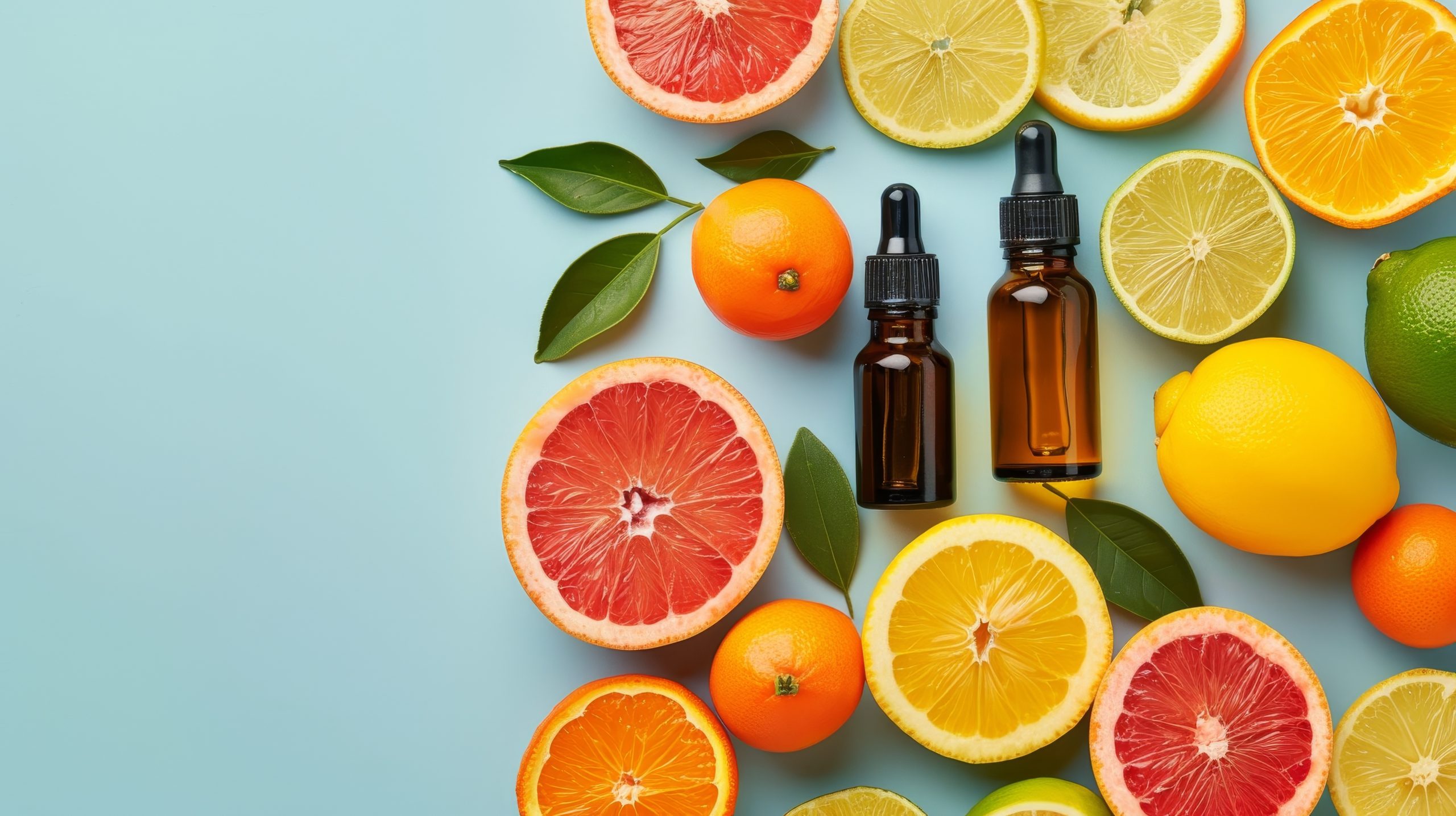 Close-up of citrus essential oils and fresh fruits in an aromatherapy session, showcasing vibrant colors and the essence of relaxation